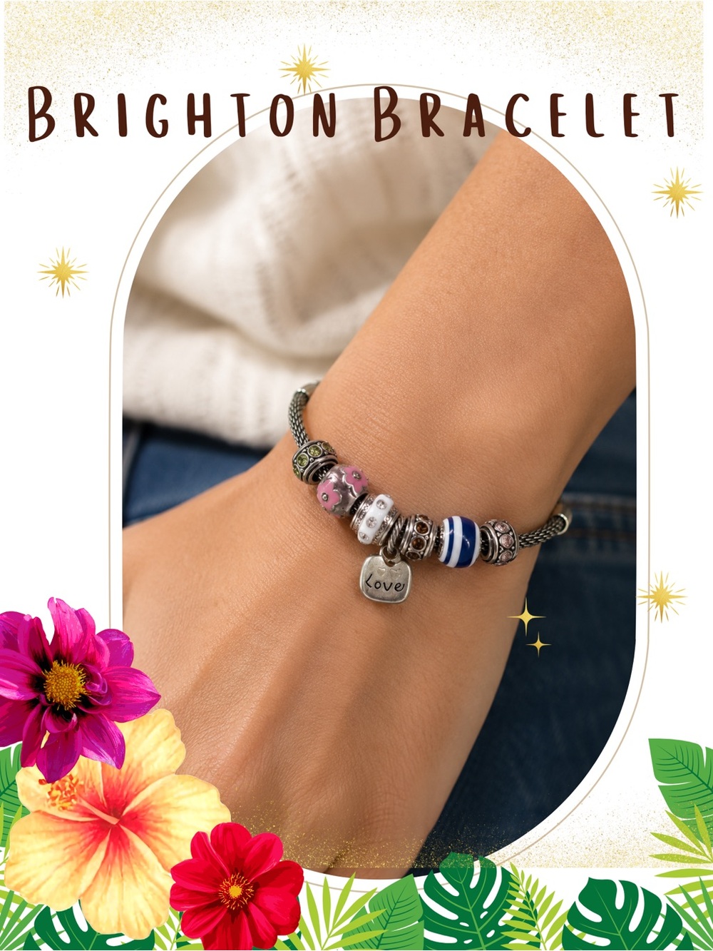 Brighton Silver Bracelet with Blue, Pink, White and Green Beads - Love Charm